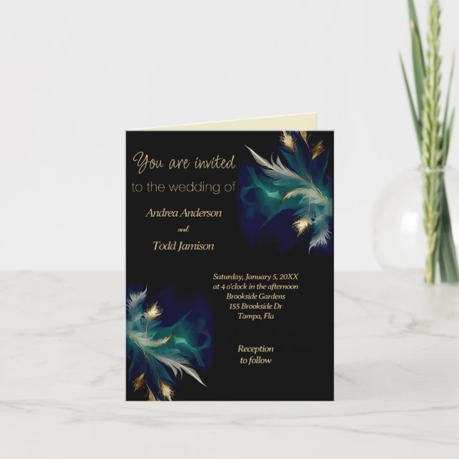  teal blue black gold feather folded invitation (Front)