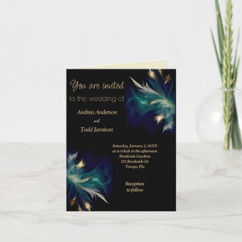  teal blue black gold feather folded invitation