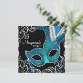 Teal Blue Black Masquerade Party Invitation (Standing Front)