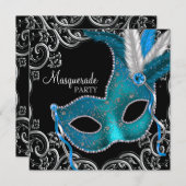 Teal Blue Black Masquerade Party Invitation (Front/Back)