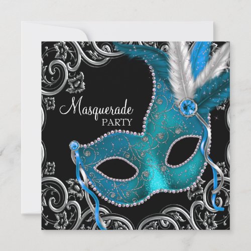 Teal Blue Black Masquerade Party Invitation