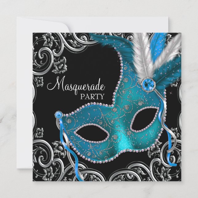 Teal Blue Black Masquerade Party Invitation (Front)