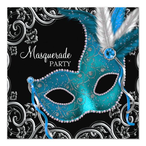 Teal Blue Black Masquerade Party 5.25x5.25 Square Paper Invitation Card ...