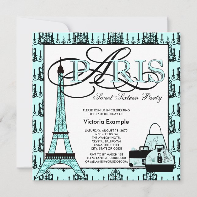 Teal Blue Black Paris Sweet 16 Birthday Party Invitation (Front)