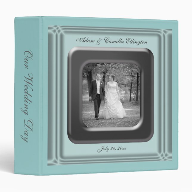 Teal Blue & Black Photo Frame Wedding Album 3 Ring Binder (Front/Spine)