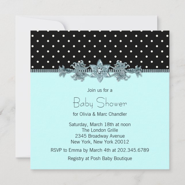 Teal Blue Black Polka Dot Baby Shower Invitation (Front)