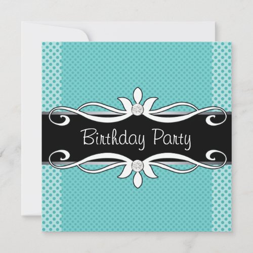 Teal Blue Black Polka Dot Womans Birthday Party Invitation