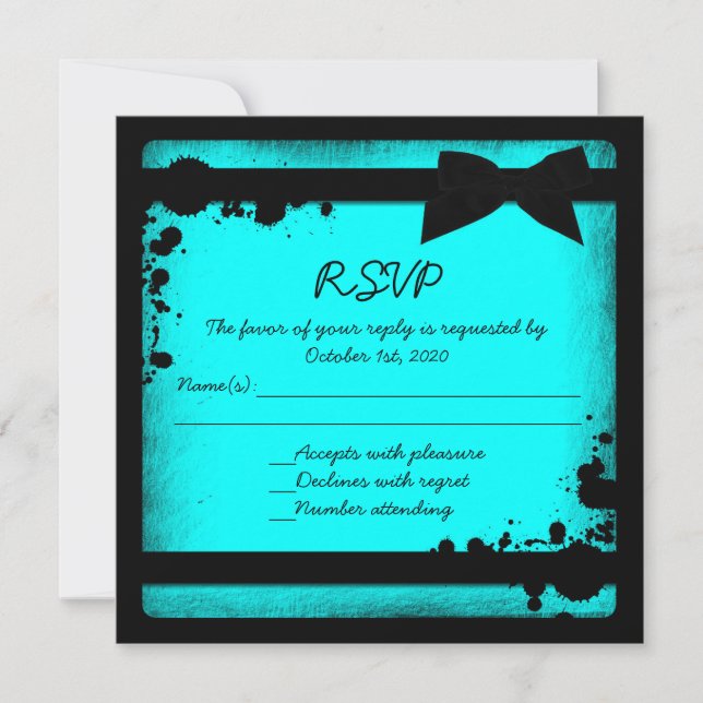 Teal blue black ribbon grunge wedding RSVP Invitation (Front)
