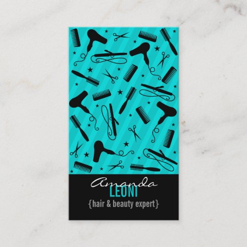 Teal Blue &amp; Black Salon Tools Vertical Business Card Template
