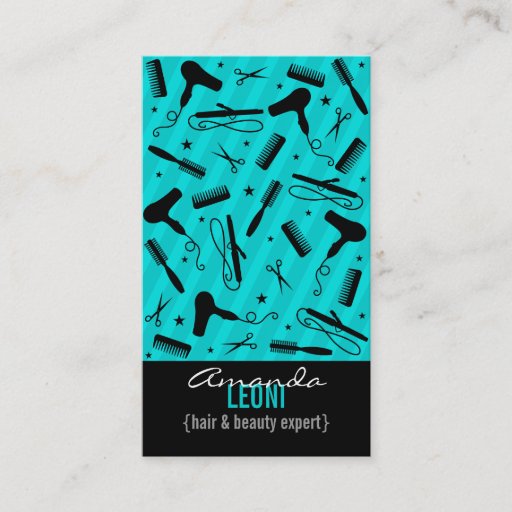 Customizable Teal Blue &amp; Black Salon Tools Vertical Business Card Template