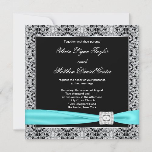 Teal Blue Black Silver Lace Classy Wedding Invitation