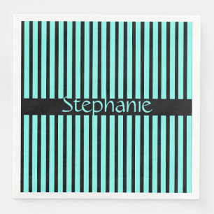 Teal Blue Black Stripes Baby Shower Custom Name Paper Dinner Napkins
