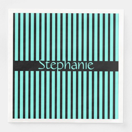 Teal Blue Black Stripes Baby Shower Custom Name Paper Dinner Napkins