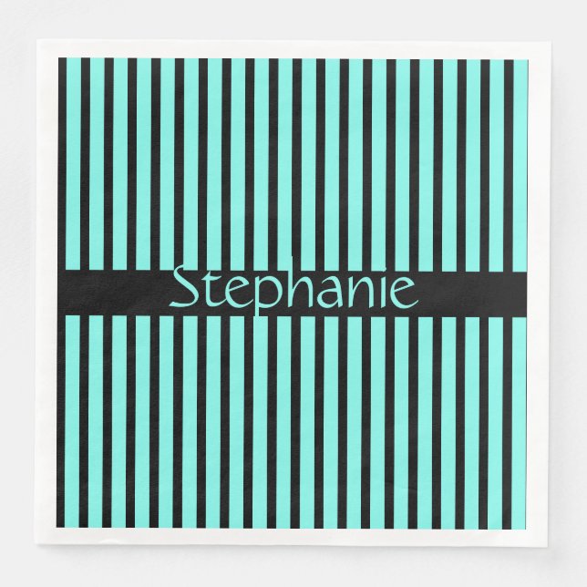 Teal Blue Black Stripes Baby Shower Custom Name Paper Dinner Napkins (Front)