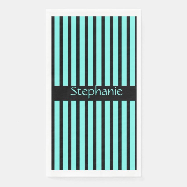 Teal Blue Black Stripes Baby Shower Custom Name Paper Guest Towels (Front)