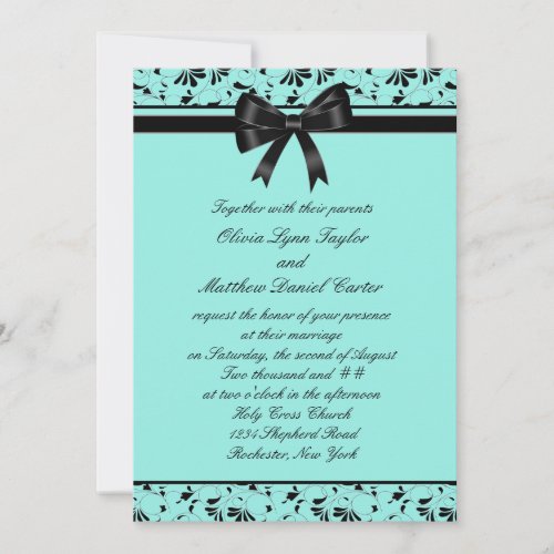 Teal Blue Black Swirl Aqua 5x7 Wedding Invitation