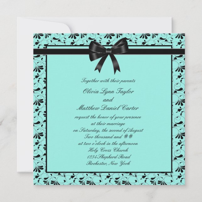 Teal Blue Black Swirl Black Teal Wedding Invitation (Front)