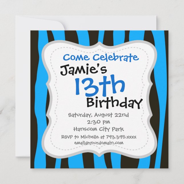 Teal Blue Black Tiger Zebra Stripes Wild Animal Invitation (Front)