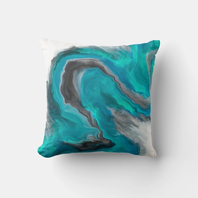 Teal Blue & Black Wave Abstract Throw Pillow (Front)