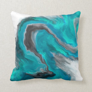 Teal Blue & Black Wave Abstract Throw Pillow