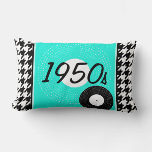 Teal, blue, black & white checkered1950s theme lumbar pillow