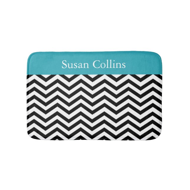 Teal Blue Black & White Chevron Pattern Bathroom Mat (Front)