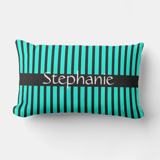 Teal Blue Black White Custom Name Stripes Favor Lumbar Pillow (Front)