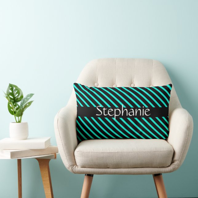 Teal Blue Black White Custom Name Stripes Gift Lumbar Pillow (Chair)
