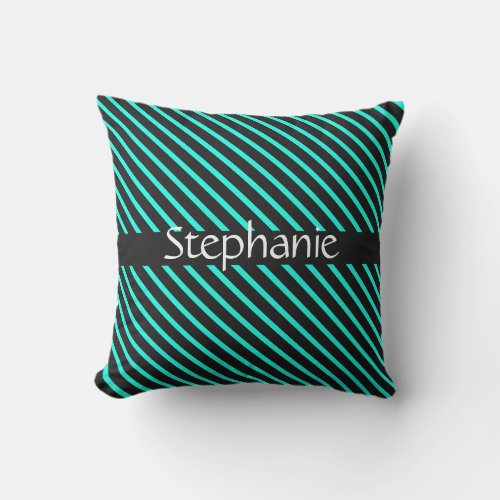 Teal Blue Black White Custom Name Stripes Gift Outdoor Pillow