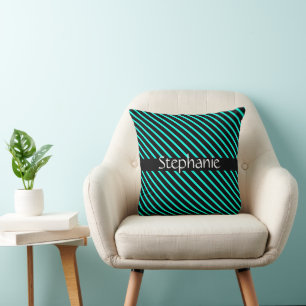 Teal Blue Black White Custom Name Stripes Gift Throw Pillow