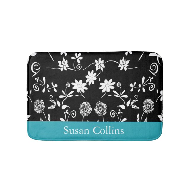 Teal Blue Black & White Floral Pattern Bath Mat (Front)