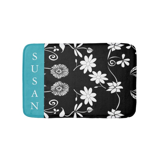 Teal Blue Black & White Floral Pattern Bath Mat (Front)