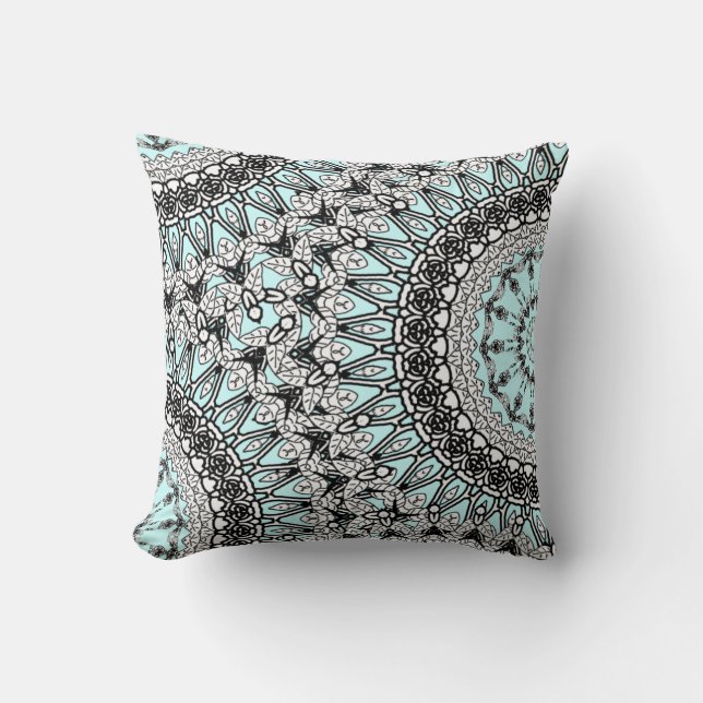 Teal Blue Black White Lace Pattern  Pillow Cushion (Front)