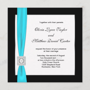 Teal Blue Black White Teal Bow Wedding Invitation