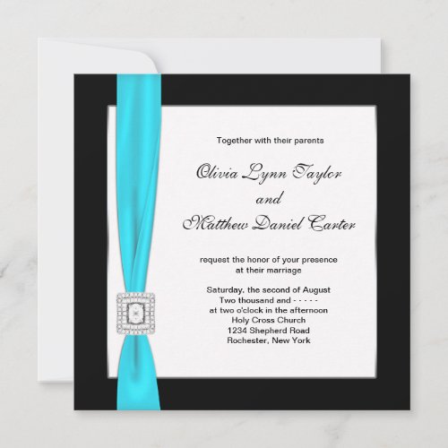 Teal Blue Black White Teal Bow Wedding Invitation