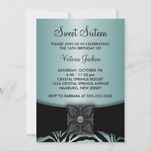 Teal Blue Black Zebra Sweet Sixteen Party Invitation