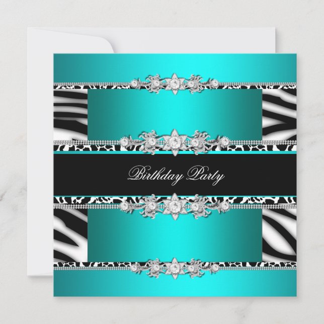 Teal Blue Black Zebra White Jewel Birthday Party Invitation (Front)