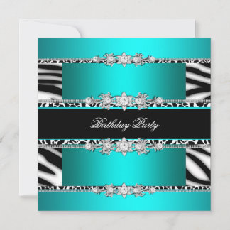 Teal Blue Black Zebra White Jewel Birthday Party Invitation