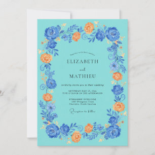 Teal Blue Blossom Romance Wedding Invitation