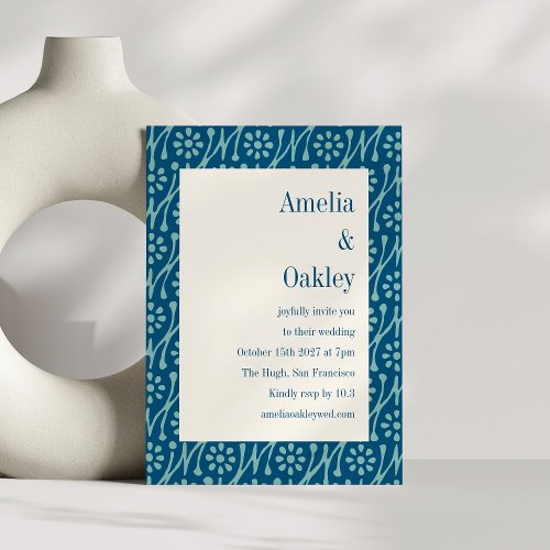 Teal Blue Boho Floral Flower Bright Modern Wedding Invitation