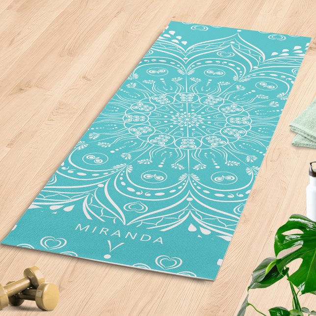 Teal Blue Boho Mandala Personalized Meditation Yoga Mat (Personalized Boho Yoga Mat with Teal Blue Mandala Pattern)