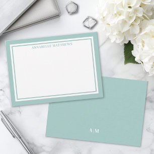 Teal Blue Border Minimalist Name Monogram Note Card