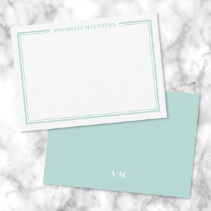 Teal Blue Border Minimalist Name Monogram Note Card