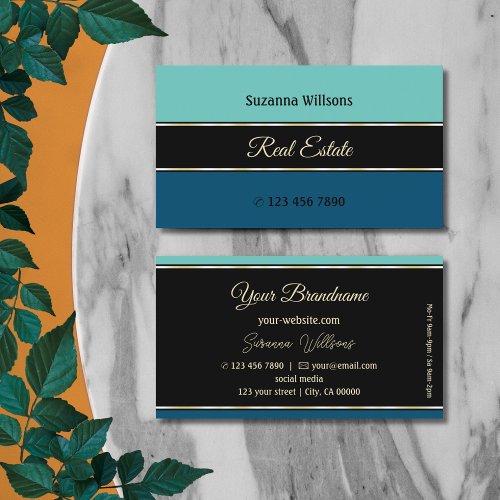 Teal Blue Borders on Black Professional Stylish Business Card