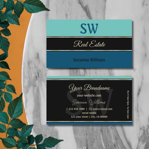 Teal Blue Borders on Black Stylish with Monogram Business Card