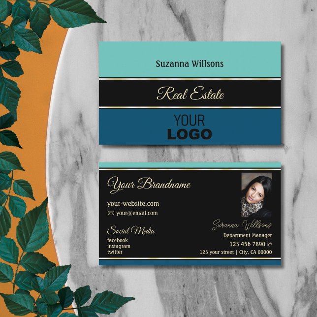 Teal Blue Borders on Black with Logo and Photo Business Card (Creator Uploaded)