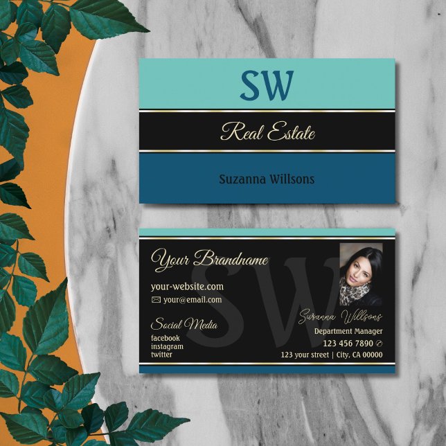 Teal Blue Borders on Black with Monogram and Photo Business Card (Creator Uploaded)