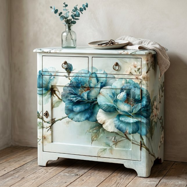Teal Blue Botanical Peony Branch Decoupage Tissue Paper (Creator Uploaded)