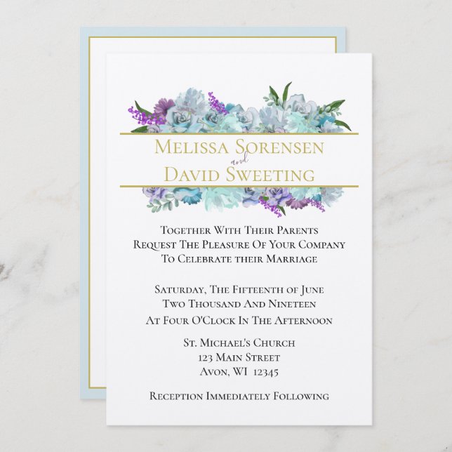 Teal Blue Bouquet Tradition Wedding Suite Ceremony Invitation (Front/Back)