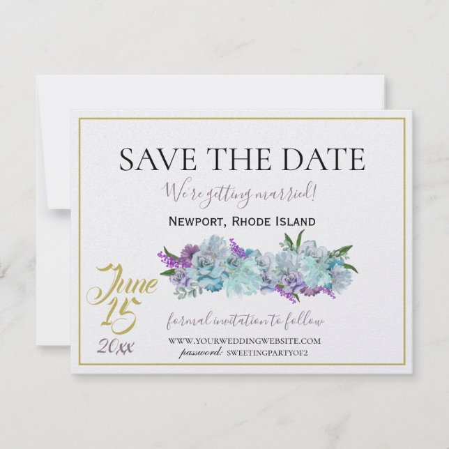 Teal Blue Bouquet Traditional Wedding Suite Save The Date (Front)